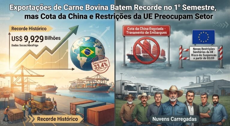 Exportações de Carne Bovina Batem Recorde Histórico no 1º Semestre, mas Cota da China e Barreiras da UE Acendem Alerta Vermelho no Setor