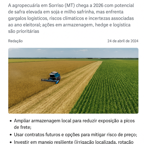 Sorriso rumo a 2026: potencial de recorde na soja e milho e os desafios logísticos