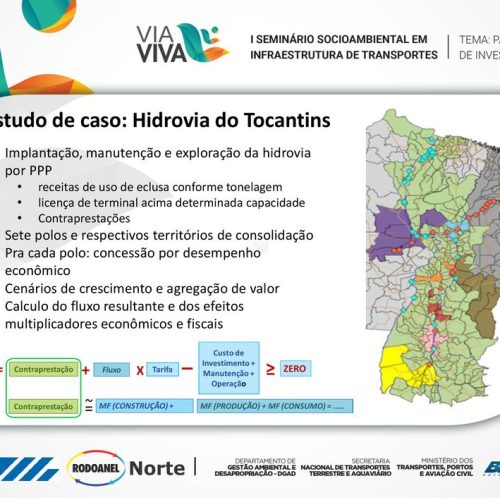 Implantação, manutenção e exploração da hidrovia por PPP. receitas de uso de eclusa conforme tonelagem. licença de terminal acima determinada capacidade. Contraprestações. Sete polos e respectivos territórios de consolidação. Pra cada polo: concessão por desempenho econômico. Cenários de crescimento e agregação de valor. Calculo do fluxo resultante e dos efeitos multiplicadores econômicos e fiscais.